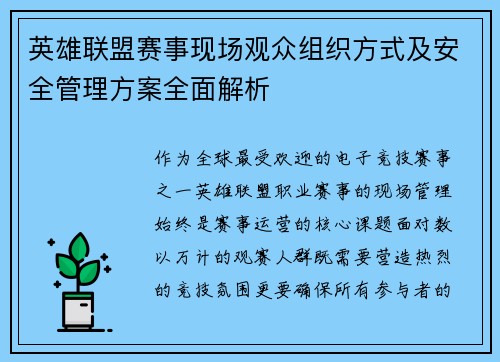 英雄联盟赛事现场观众组织方式及安全管理方案全面解析